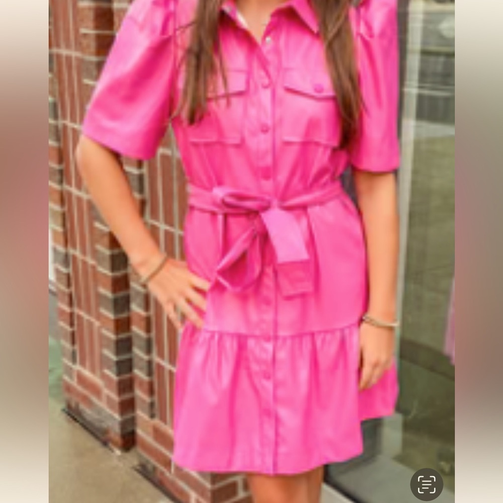 New Beautiful FUN & FLIRTY faux leather. Fuchsia dress with belt size Large